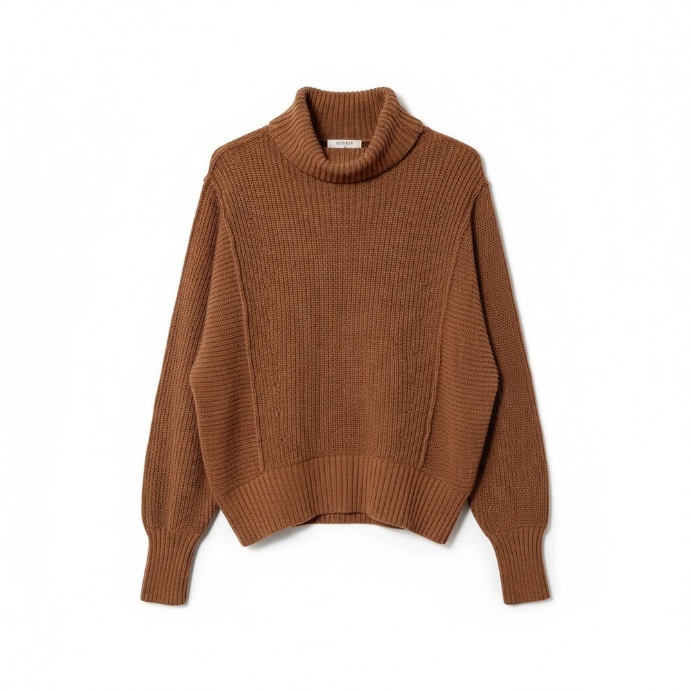 Zenana Chunky Ribbed Knit Exposed Seams Brown Turtle Neck Oversized Sweater Larg